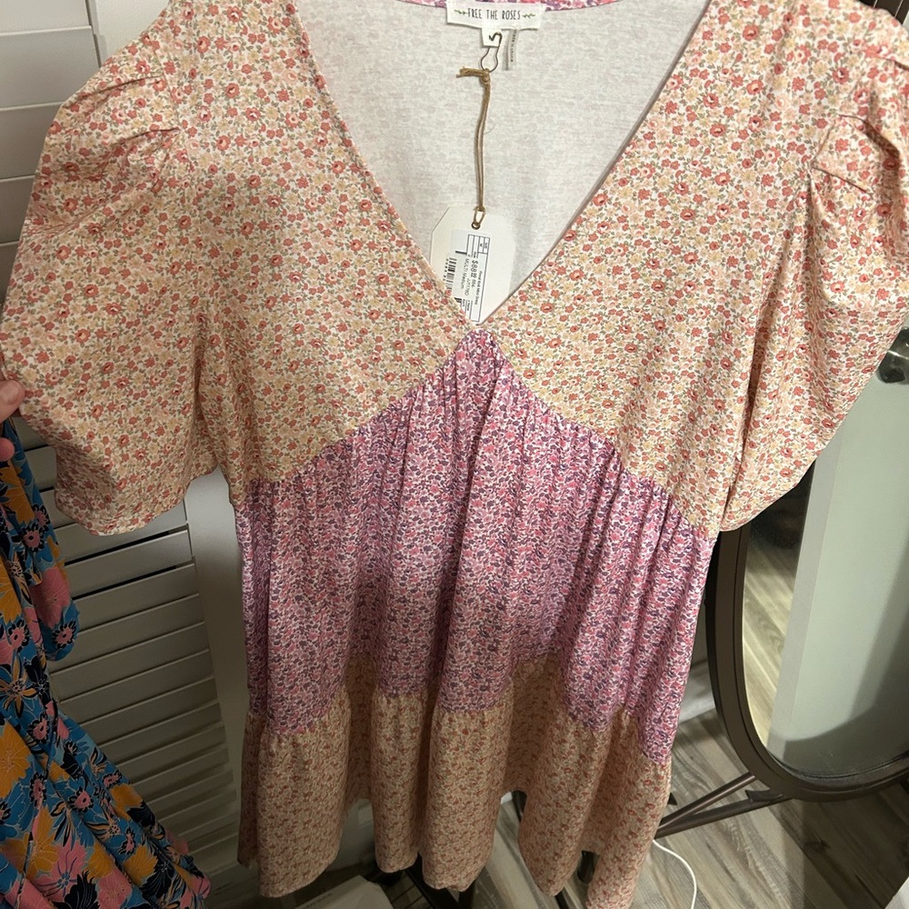 Free the Roses Tiered Puff Sleeve Mini Dress in Pink and Purple